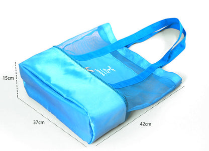 2 Layer Large Mesh Beach Tote Bag with Zipper and Insulated Picnic Cooler Bag - Blue
