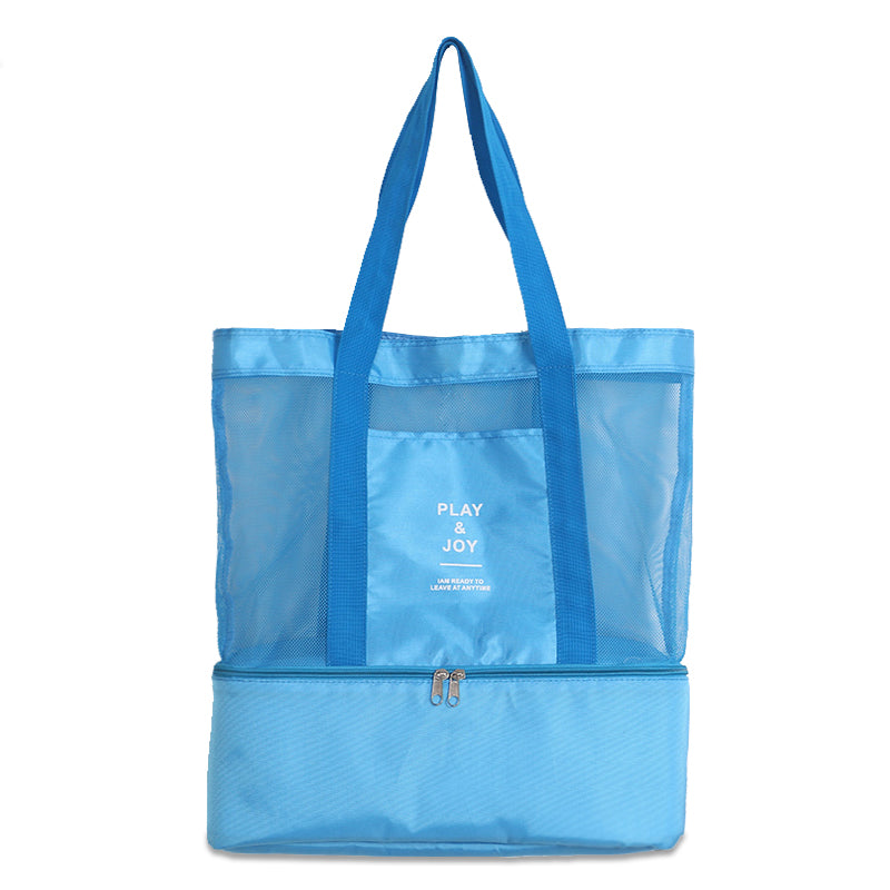 2 Layer Large Mesh Beach Tote Bag with Zipper and Insulated Picnic Cooler Bag - Blue