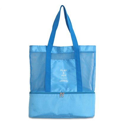 2 Layer Large Mesh Beach Tote Bag with Zipper and Insulated Picnic Cooler Bag - Blue
