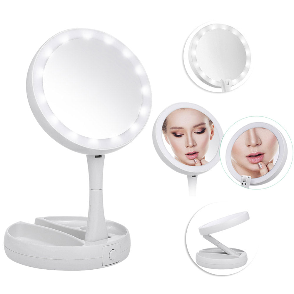 LED-Illuminated Double-Side Mirror 10X Magnification Foldable Makeup Mirror