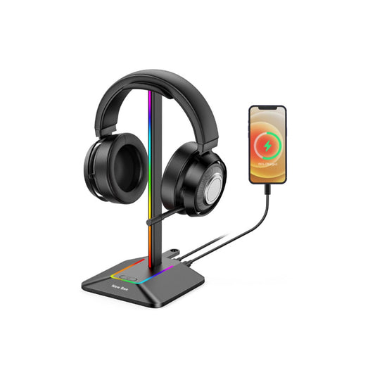 RGB Headphone Stand with Charging Port Desk Gaming Headset Stand with 7 Light Modes for All Earphone Accessories-Black
