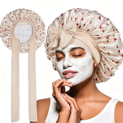 Satin Sleep Bonnet Hair Wrap for Women Adjustable Bow Print Silk Like Night Cap-Style2