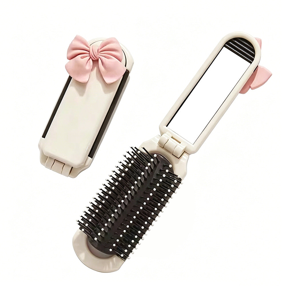 2Pcs Folding Hair Brush with Detachable Makeup Mirror Portable for Travel-Beige