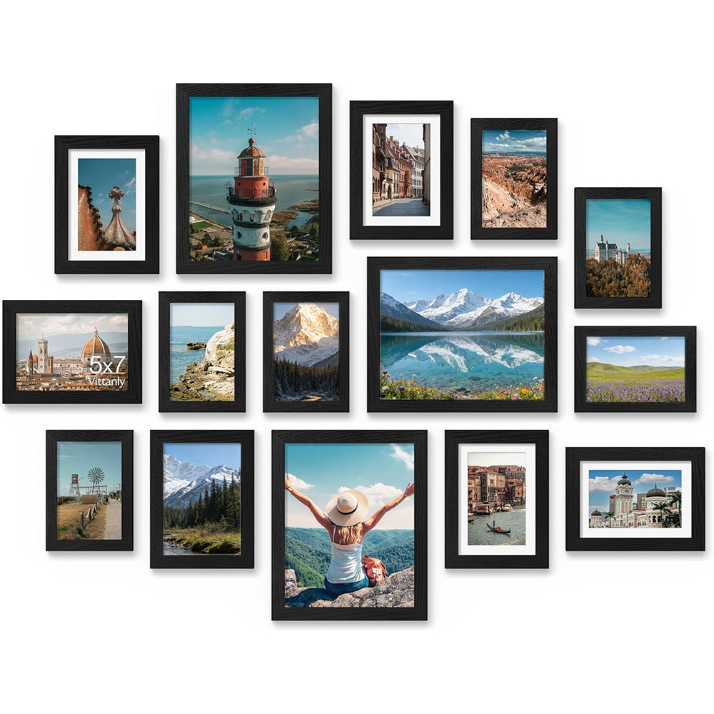 15 Piece Picture Frame Set Multi-size Collage Photo Frames for Wall or Tabletop Display-Black