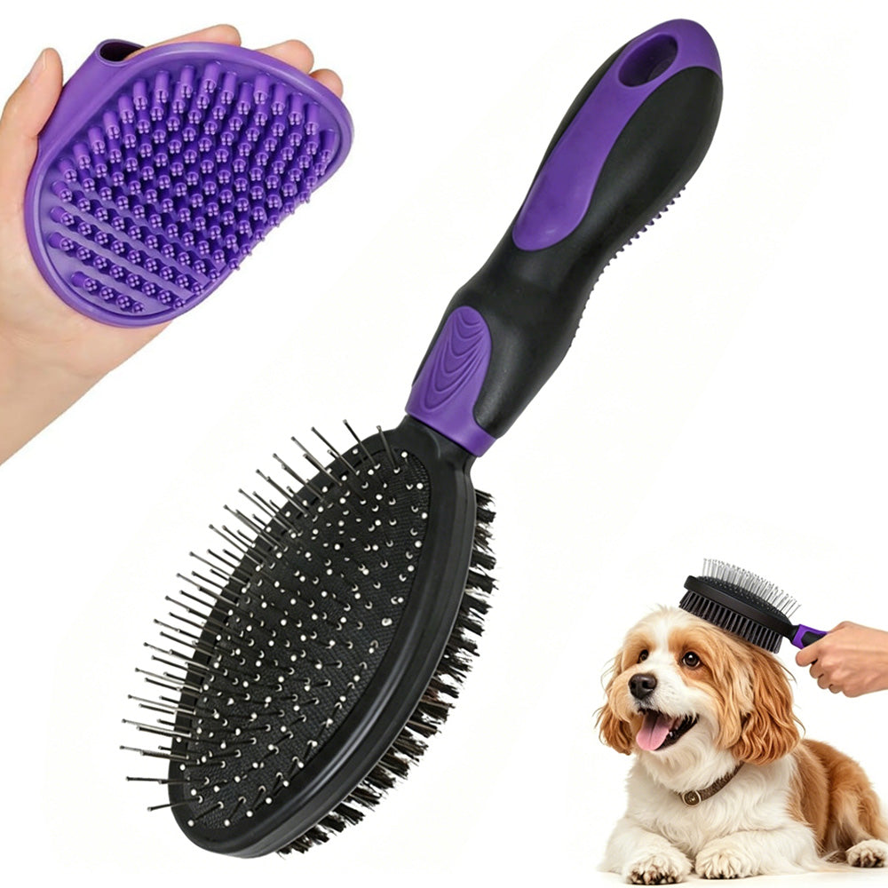 2 Pack Pet Grooming Brush Set Deshedding Double Sided Comb Massage Brush for Cats Dogs Horses-Purple