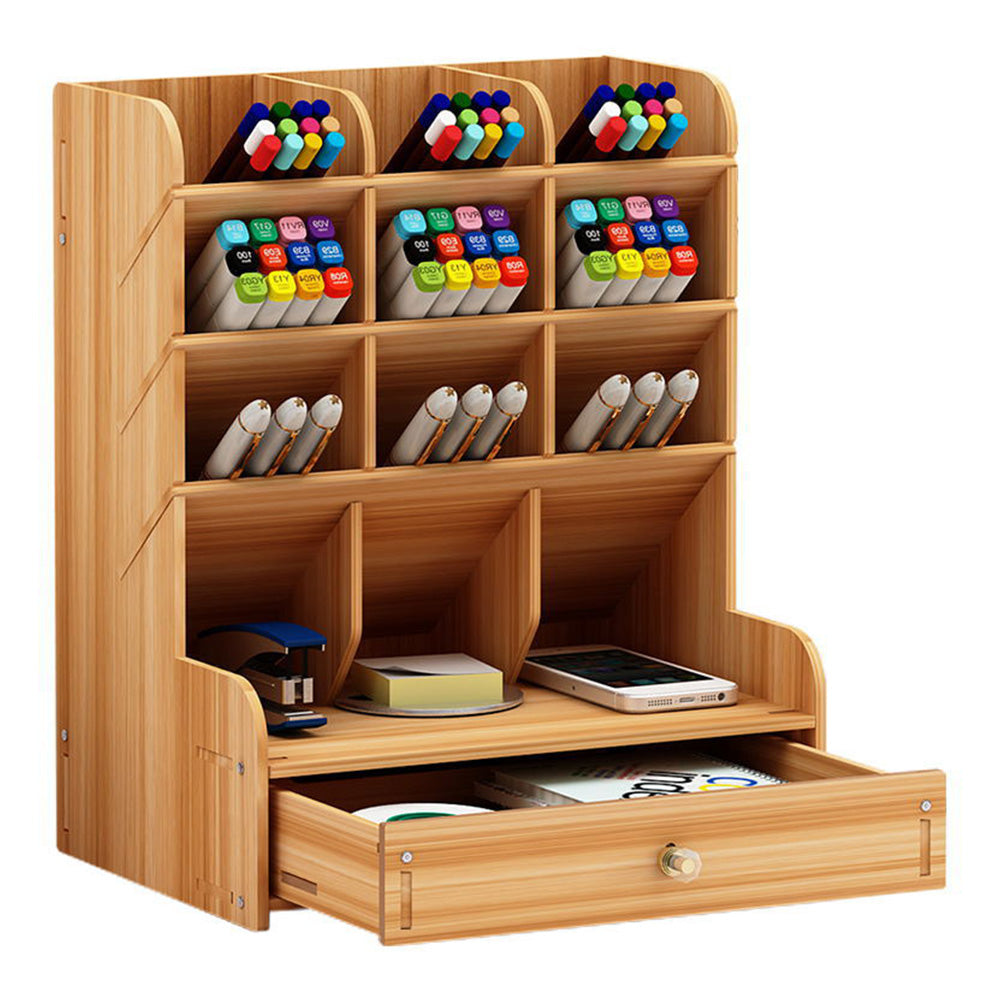 12 Compartment Wooden Desk Organizer with Drawers Art Supplies Storage Desktop Stationary-Khaki