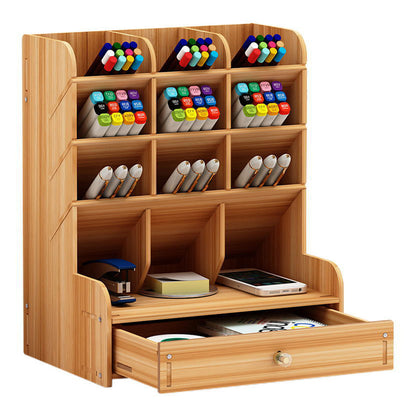 12 Compartment Wooden Desk Organizer with Drawers Art Supplies Storage Desktop Stationary-Khaki