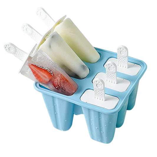 6 Cavity Ice Cream Mould Block Popsicle Molds Ice Lolly Mold With Sticks -Blue