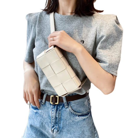 PU Leather Woven Style Crossbody Bag Small Shoulder Fanny Pack for Women Beige