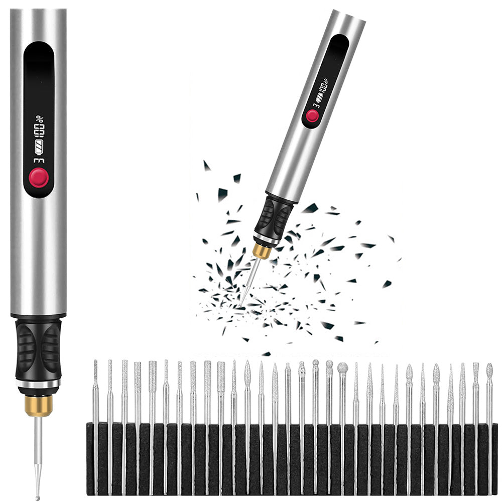 Electric Engraving Pen with 30 Bits 3-Speed Adjust Engraving Pen for Metal Wood Glass-Silver
