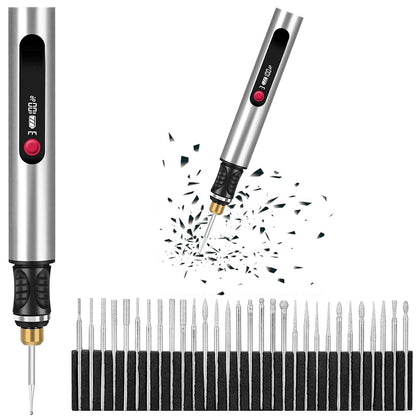 Electric Engraving Pen with 30 Bits 3-Speed Adjust Engraving Pen for Metal Wood Glass-Silver