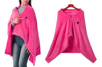 Portable Heated Blanket USB Charging Plush Warm Shawl Wearable for Home Office -Pink