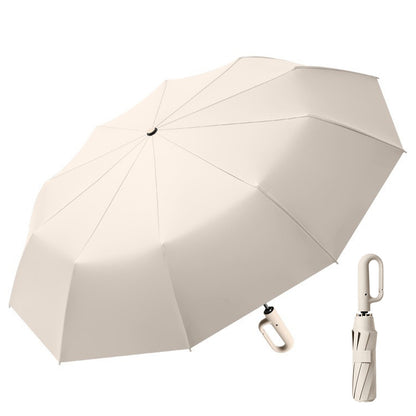 Auto Open Close Folding Umbrella Carabiner Handle Sun Shade Rain Umbrella Beige