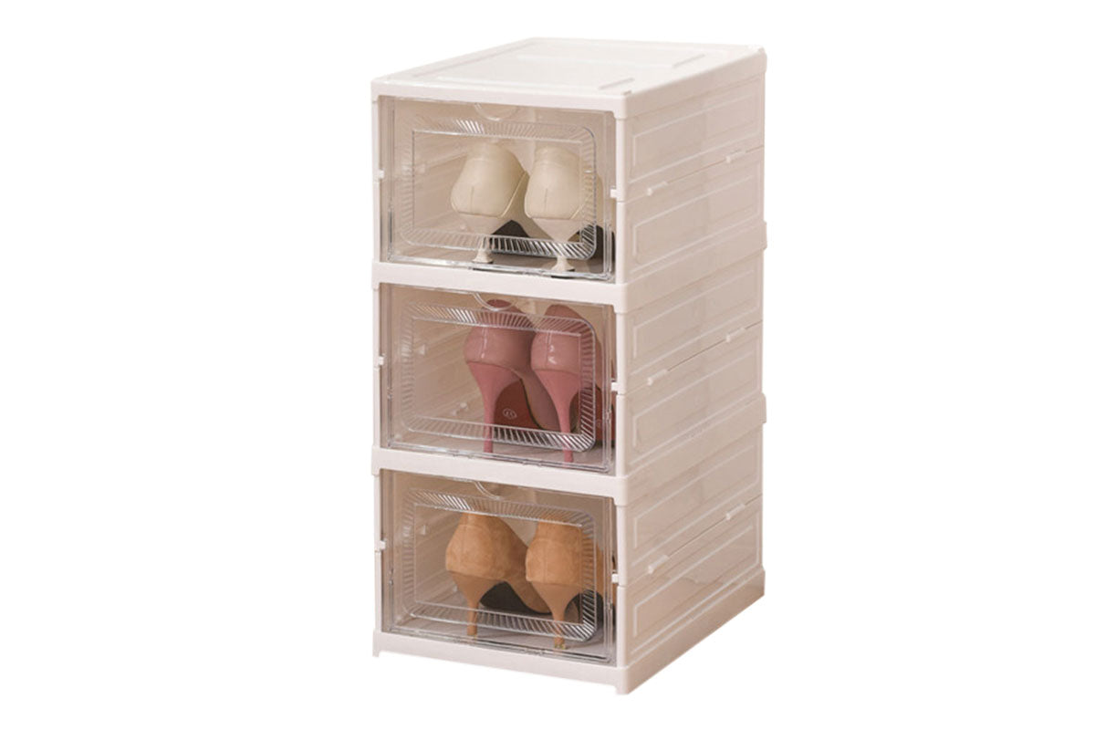 3 Tiers Foldable Stackable Shoe Organizer with Clear Door Plastic Shoe Rack