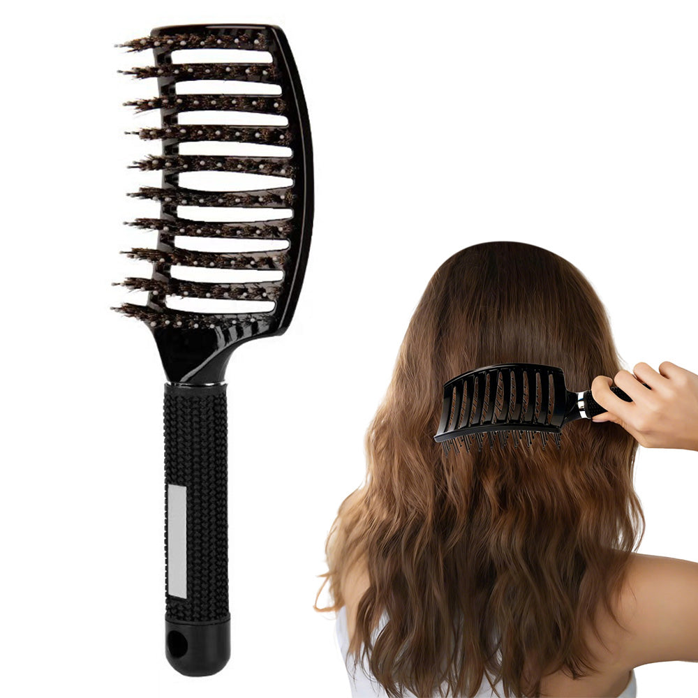 Detangle Nylon Boar Bristle Brush Head Scalp Massage Comb For Fine Hair-Black