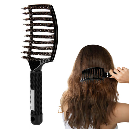 Detangle Nylon Boar Bristle Brush Head Scalp Massage Comb For Fine Hair-Black
