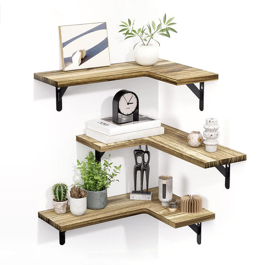 Corner Floating Shelves Set of 3 Wall Mounted Rustic Wood Storage Display Shelves-Brown