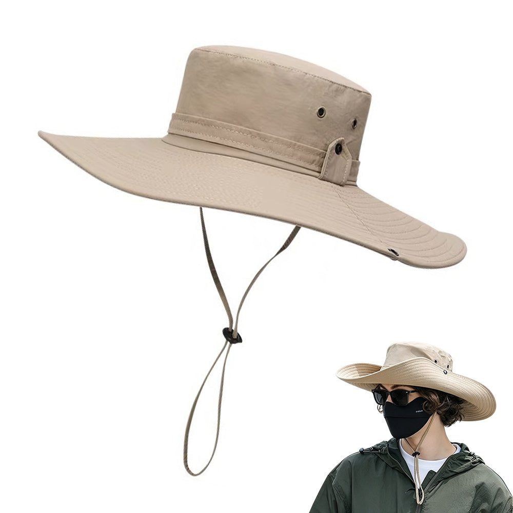 Wide Brim Boonie Hat Outdoor Sun Shade Hat with Chin Strap Khaki