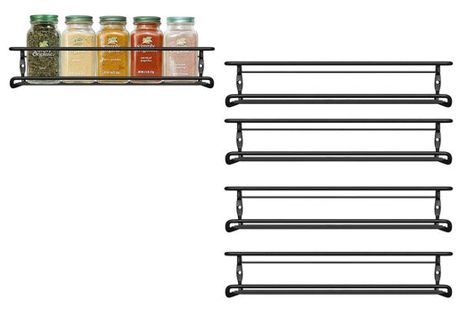4Pcs Carbon Steel Kitchen Spice Racks Wall Mounted Cupboard Door Jar Storage Organizers-Black