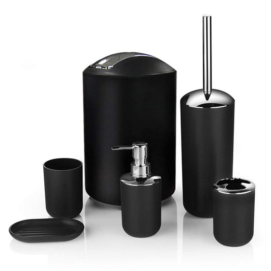6 Piece Bathroom Accessories Set Soap Dish Soap Dispenser Toothbrush Holder Toilet Brush Trash Bin-Black
