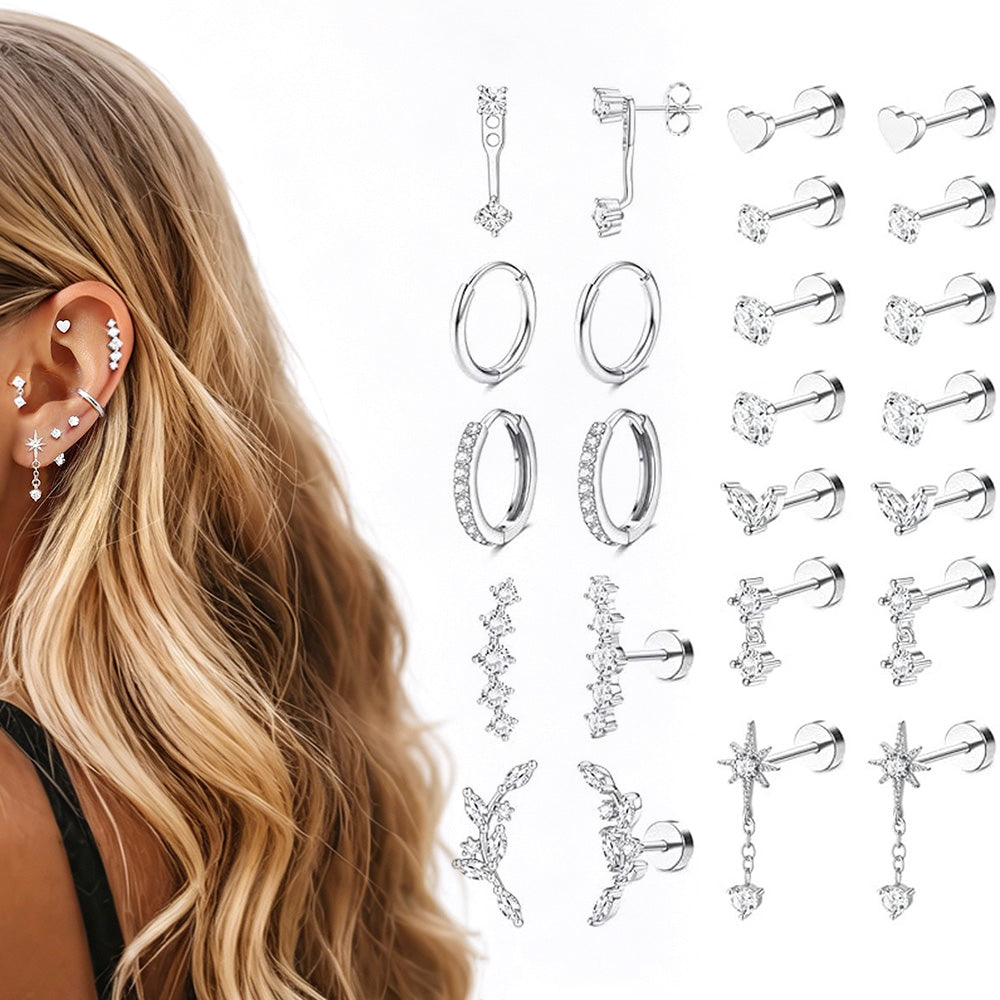 12 Pairs Women Earrings Studs and Hoops Set Fashion Cartilage Stackable Jewelry-Silver