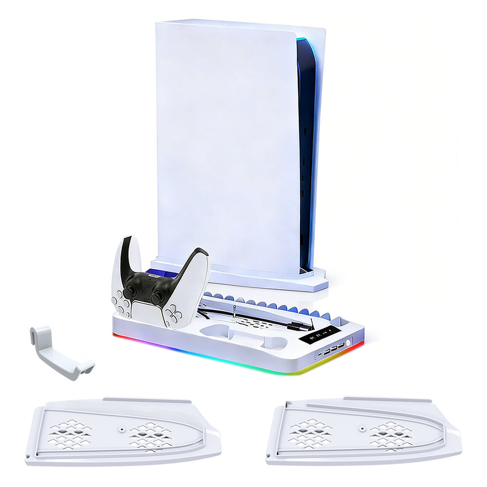 Gaming For PS5 Slim Pro Docking and Cooling Station Charger Headset Holder With RGB Light-White