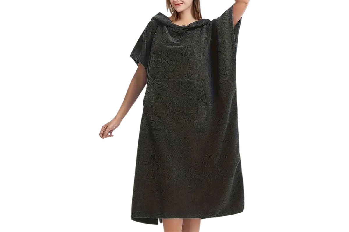 Beach Changing Robe Quick Dry Hooded Towel Bathrobe-Black