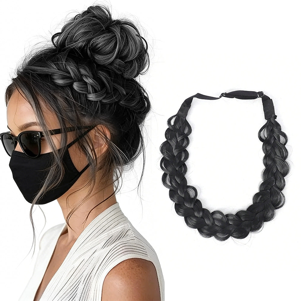 Plaited Headband Adjustable Stretch Hairpiece Hair Extension Headband For Women-Black