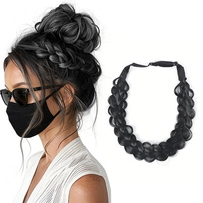 Plaited Headband Adjustable Stretch Hairpiece Hair Extension Headband For Women-Black