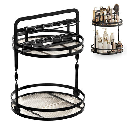 Rotating Makeup Organizer Double Layer with Brush Holder for Skincare Perfume-Black