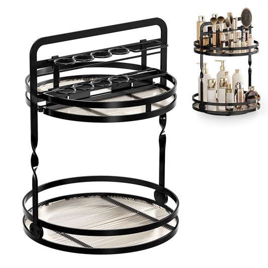 Rotating Makeup Organizer Double Layer with Brush Holder for Skincare Perfume-Black