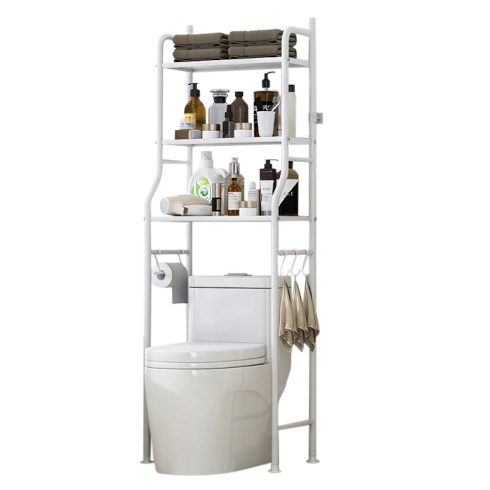 3 Tier Shelf Over Toilet Storage Rack With Paper Holder And Hooks-White