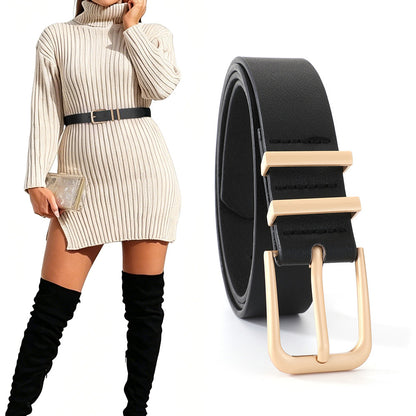 Women PU Leather Waist Belt Gold Pin Buckle Casual Belt for Jeans Dress-Black