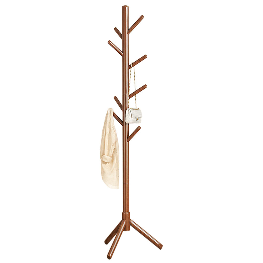Solid Wood Freestanding Coat Rack with 8 Hooks Tripod Base for Bedroom Entryway-Walnut