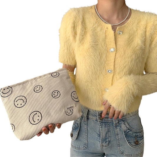 Corduroy Makeup Bag Cute Smile Dots Face Case Handbag with Zipper for Women Beige