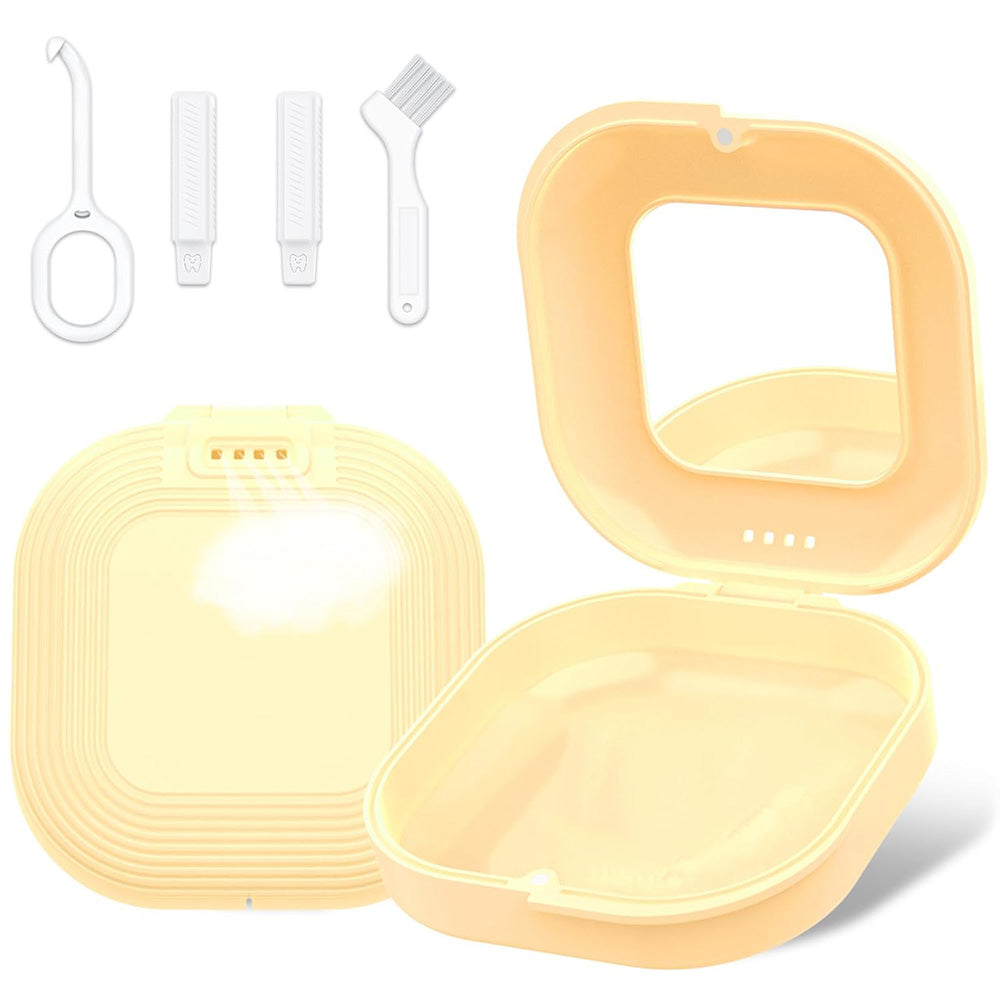 Retainer Case with Mirror and Retainer Removal Tool Mouth Guard Storage Box-Yellow