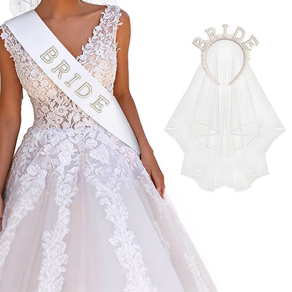 Bride Accessory with Veil Sash and Headband for Bachelorette Party -Iridescent