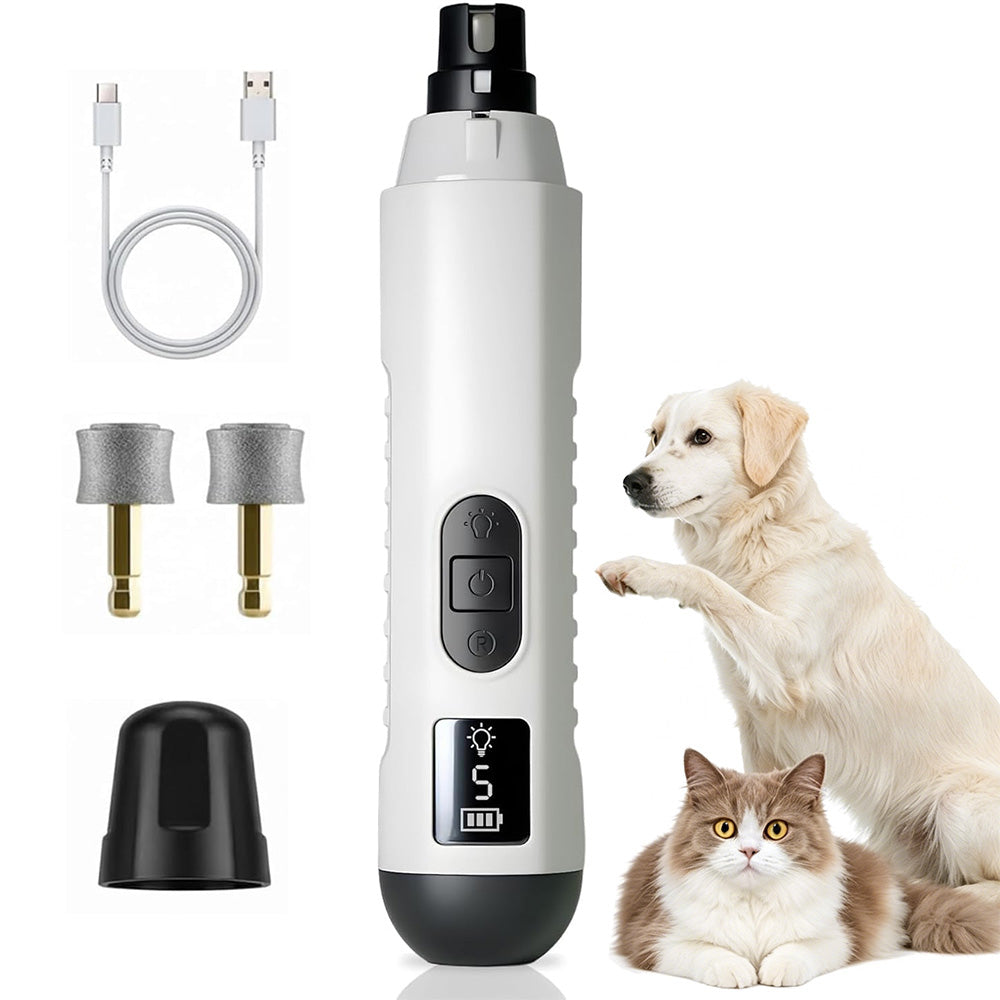 Electric Pet Nail Grinder for Dogs Cats with 5 Speeds LED Light -White