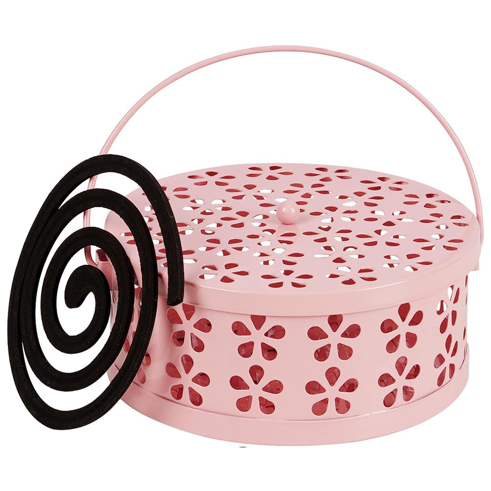 Metal Mosquito Coil Holder with Lid Portable Hanging Incense Burner Box Pink