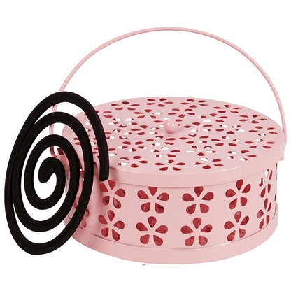 Metal Mosquito Coil Holder with Lid Portable Hanging Incense Burner Box Pink