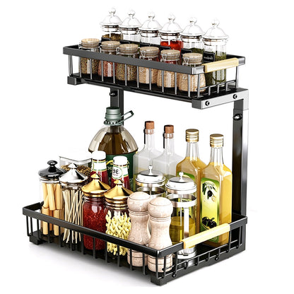 Under Sink Organizer 2 Tier Pull Out Cabinet Storage Slide Out Shelf Metal Sliding Drawer-Black