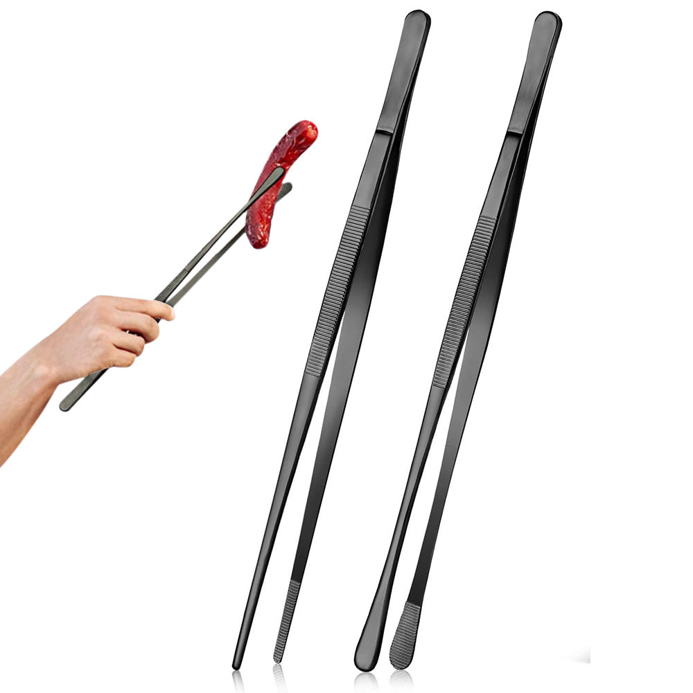2 Pack 30cm BBQ Tongs Stainless Steel Round and Straight Head for Grilling Cooking-Black