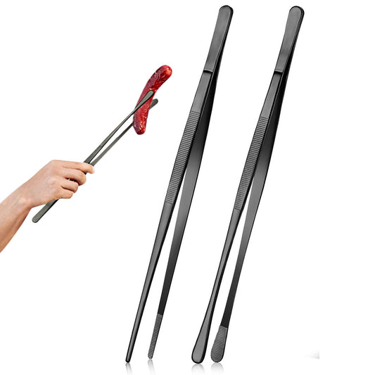 2 Pack 30cm BBQ Tongs Stainless Steel Round and Straight Head for Grilling Cooking-Black
