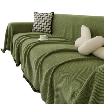 Herringbone Tassel Sofa Throw Cover Large Blanket - Green