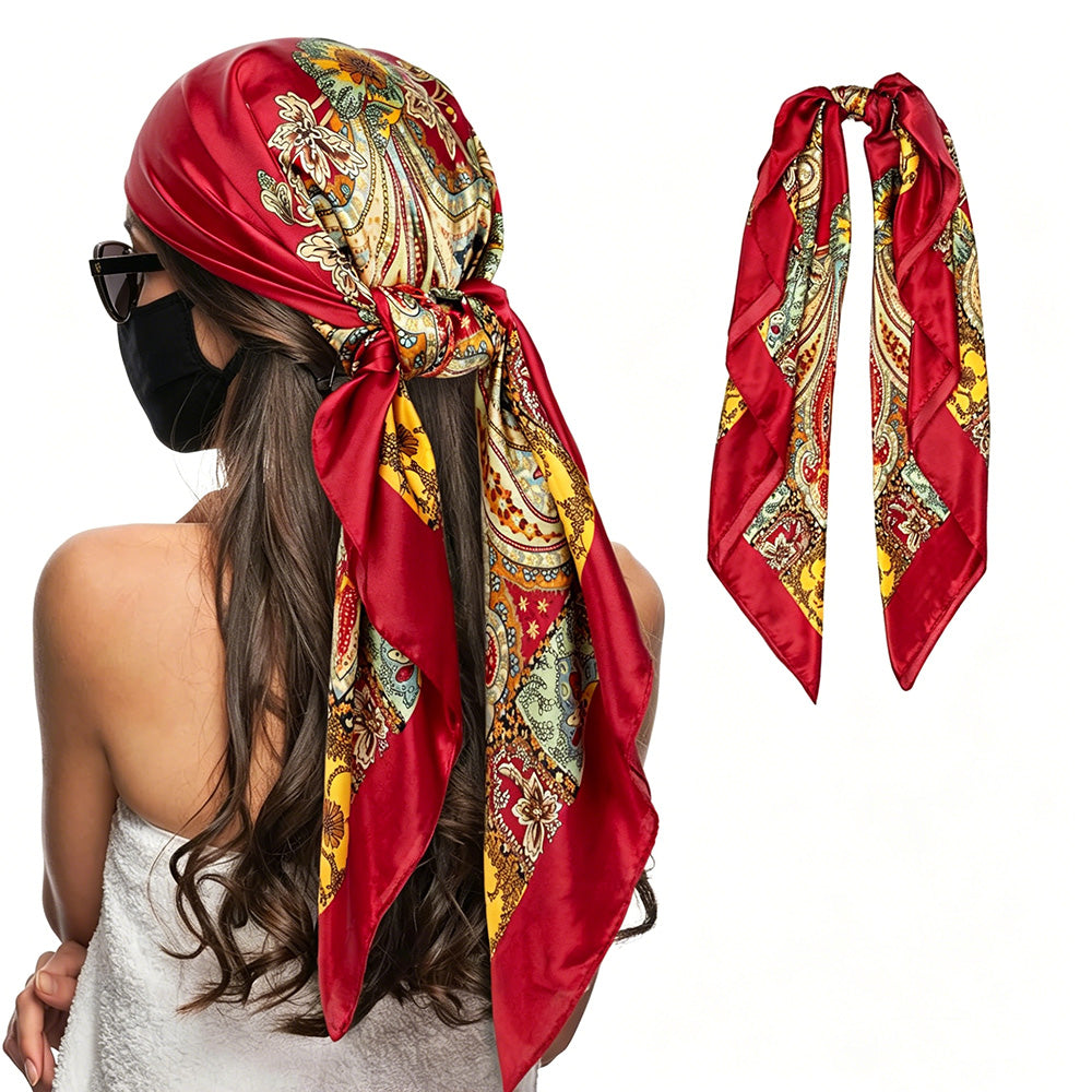 90cm Square Head Scarf Printed Satin Hair Scarf Bandanas for Women-Red