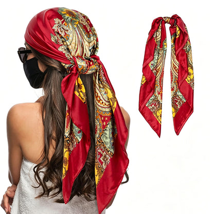 90cm Square Head Scarf Printed Satin Hair Scarf Bandanas for Women-Red