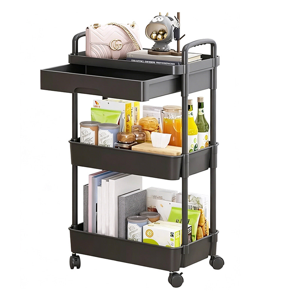 3 Tier Rolling Utility Cart with Removable Drawer for Kitchen Snack Craft-Black