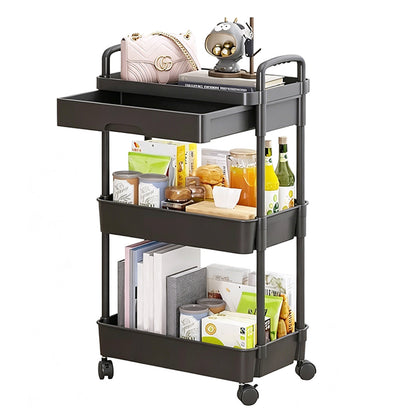 3 Tier Rolling Utility Cart with Removable Drawer for Kitchen Snack Craft-Black