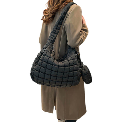 Puffer Tote Bag Quilted Puffy Crossbody Carryall Handbag Black