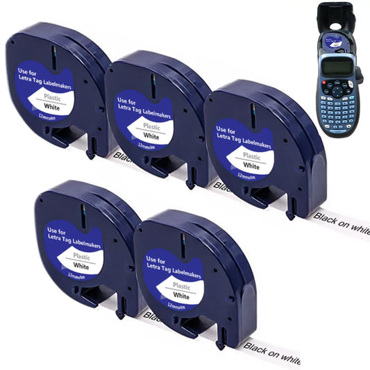 5Pcs 12mm White on Black PET Label Maker Tape Compatible for Dymo Printers